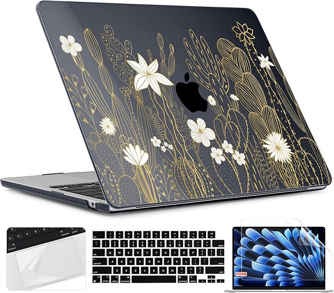 TWOLSKOO for M4 MacBook Air 13.6 inch Case 2025-2022 Release M4 A3240 M3 A3113 M2 A2681, Plastic Hard Shell & Screen Protector & Keyboard Cover & Trackpad Film, Cute Cactus