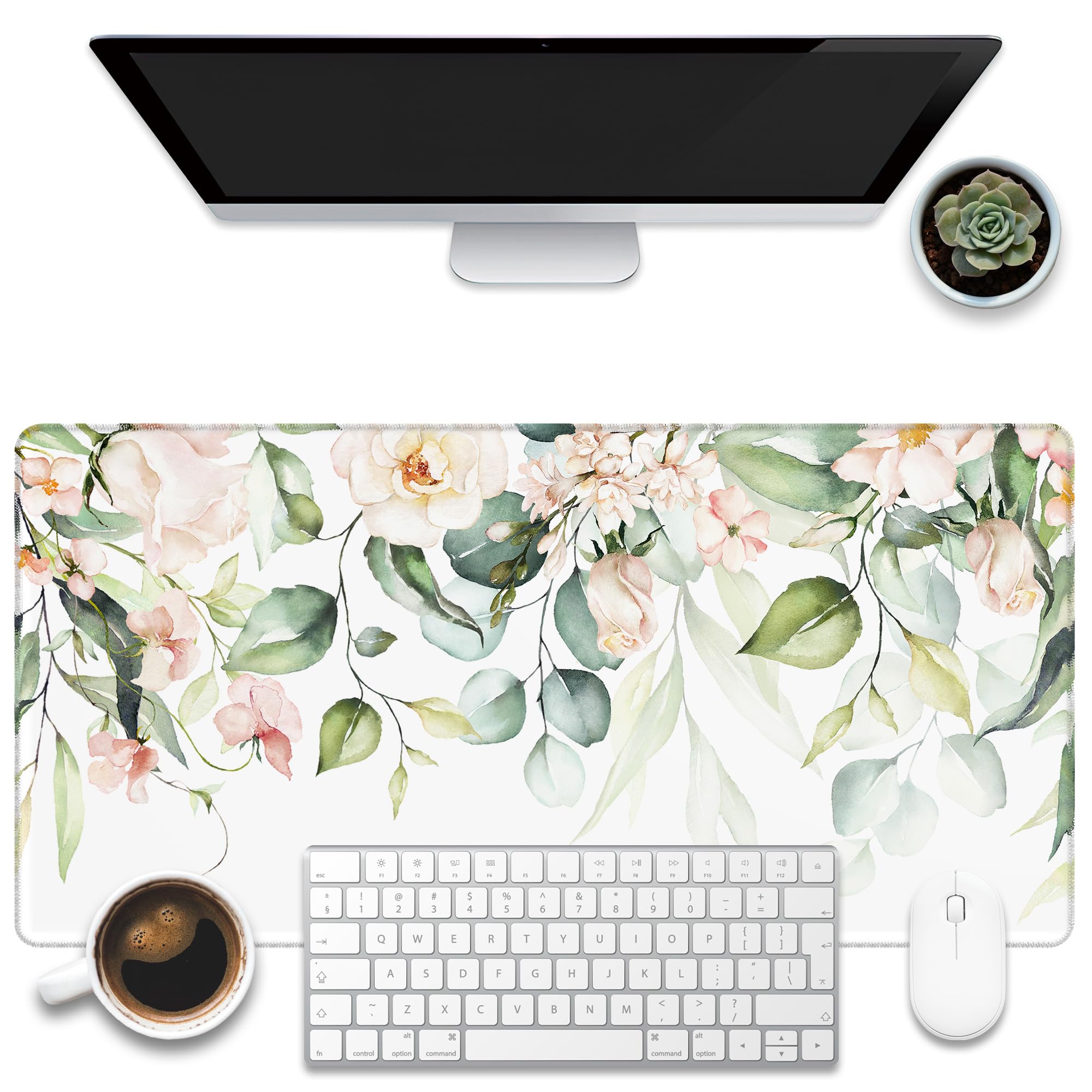 KOAIWPAE Desk Mat, Watercolor Pink Flowers Desk Pad, Green Leaves Flowers Large Gaming Mouse Pad for Desk, 31.5"x15.7" Extended Big Computer Keyboard Mouse Pad with Non-Slip Base and Stitched Edge