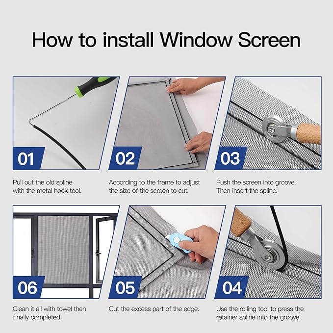 Window Screen Door Repair Kit Include Window Screens Mesh 48"x114" with All Tools in Window Screen Replacement(Screen Rollers, Splines, Hook), Yolovit
