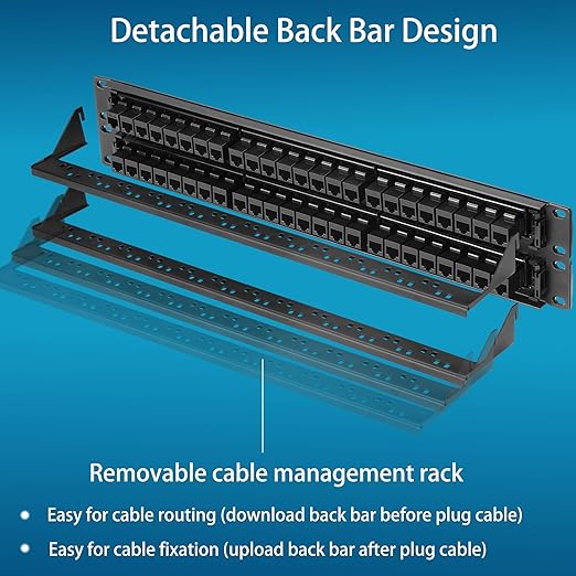 Rapink Patch Panel 48 Port Cat6A with Inline Keystone 10G Support, Pass-Thru Coupler UTP 19-Inch with Removable Back Bar, 1U Network Patch Panel for Cat6A,Cat6, Cat5e, Cat5 Cabling