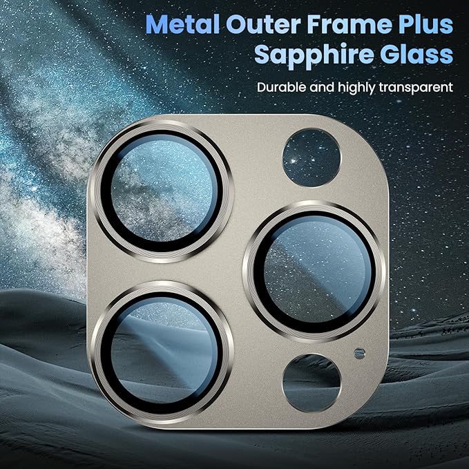Uyiton Compatible with iPhone 16 Pro/iPhone 16 Pro Max Camera Lens Protector - [Not Easy to Break][Strong Adsorption][Case-Friendly] Metal Tempered Glass Rear Camera Screen Cover - Natural Titanium
