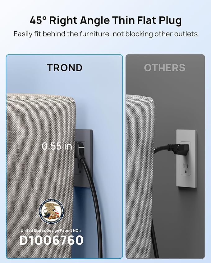 TROND Surge Protector Power Strip, 5ft Heavy Duty Extension Cord with 32W USB C & QC 3.0 Charger, 4000 Joules, ETL Listed, 13 Wide Spaced Outlets, Flat Plug, Wall Mount for Home Office Supplies, Black