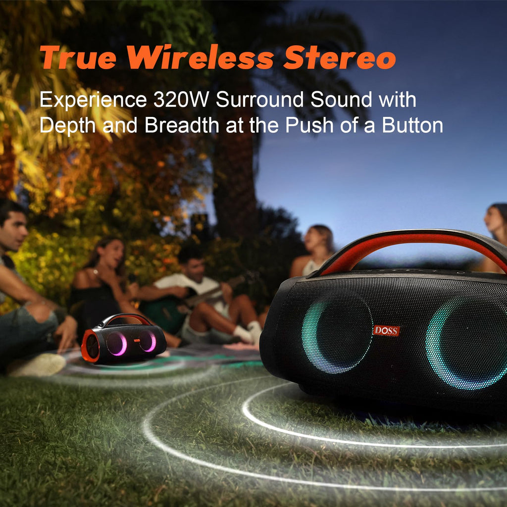 DOSS Extreme Boom Pro 100W Loud Outdoor Speaker, 2+2 Channel, IPX6 Waterproof, Bluetooth 5.3, 20H Playtime, Dynamic Lights, Portable Speaker for Camping, Beach, Pool, Working Outside - Orange