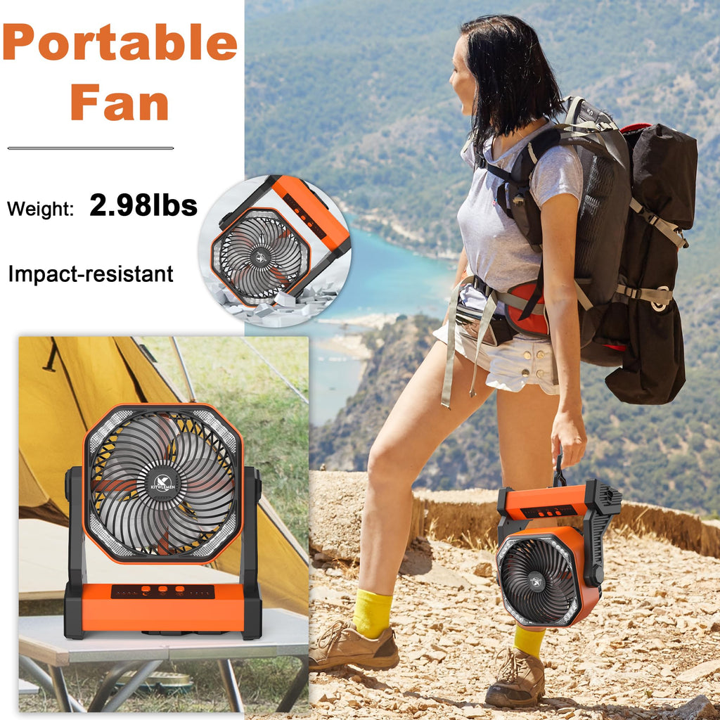 KITWLEMEN 20000mAh Battery Powered Camping Fan - 110H Max Cooling, Rechargeable Battery Operated Desk Fan with 4 Speeds, Soft Light & Hanging Hook, Portable for Tent Outdoor Hurricane Power Outage