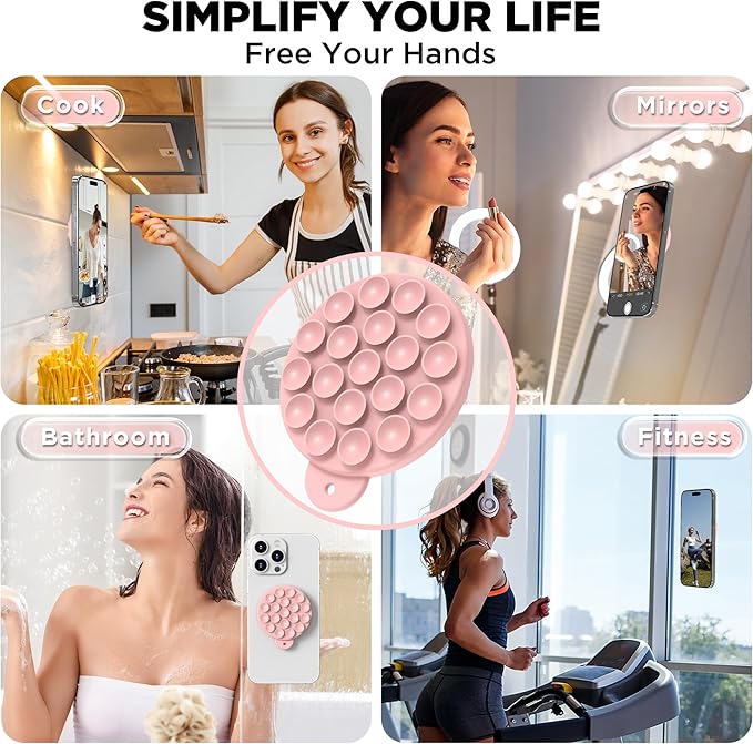 Magnetic Suction Cup Phone Mount for MagSafe Case, Silicone Hands-Free Grip Holder for iPhone and Android, Mirror Shower Phone Stand for Makeup FaceTime Gym Kitchen Bathroom, Peach Pink