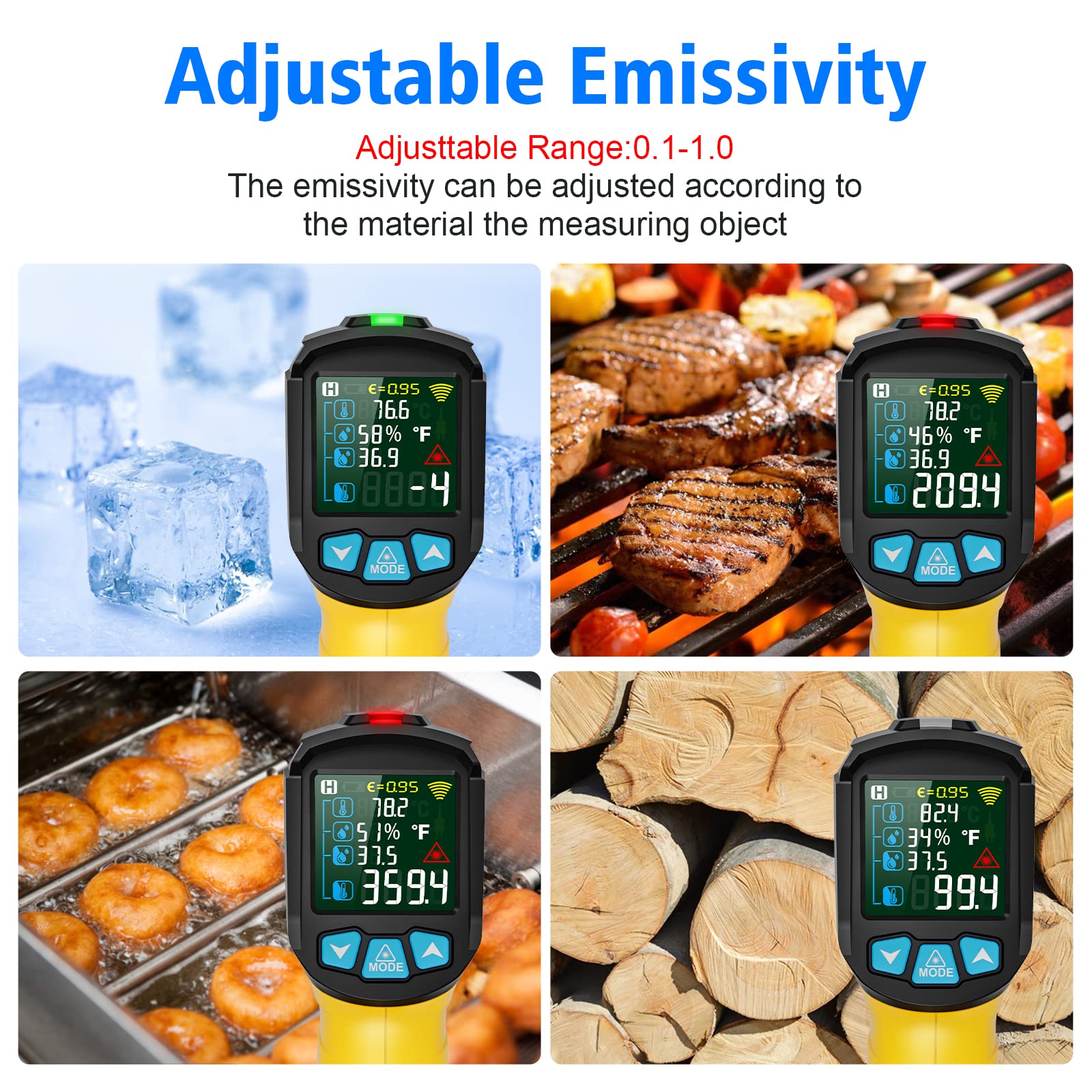 Infrared Thermometer Temperature Gun, -58°F to 1472°F, Digital Laser Thermometer Gun with Probe for Cooking, Pizza Oven, Grill & Engine, IR Thermometer Temp Gun with Adjustable Emissivity & Humidity