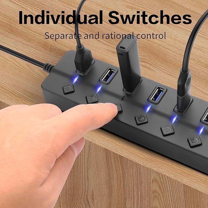 90 Degree USB Hub Splitter YACSEJAO USB 2.0 Data Hub with Individual LED Button On/Off Switch DC5.5 * 2.1 Power Port for Laptop,PC Computer (7 Ports, 1M)