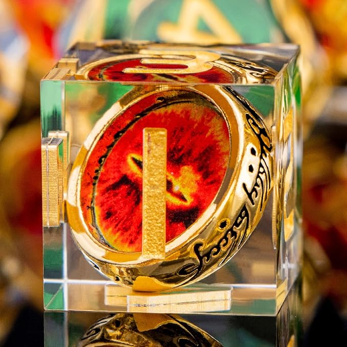 Magic Golden Ring DND Dice Set Sharp Edge Red Gaze Eye Resin Dice with Box, for use with RPG D&D Tabletop Games Lord D and D Polyhedral Dice Set