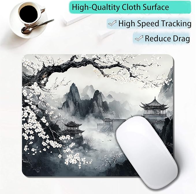 Japanese Aesthetic Landscape Painting Custom Mouse Pad with Non-Slip Rubber, Small Square Design for Wireless Laptop & Computer Mouse Pads for Desk, 9.5 x 7.9 inch Smooth Surface for Gaming & Office