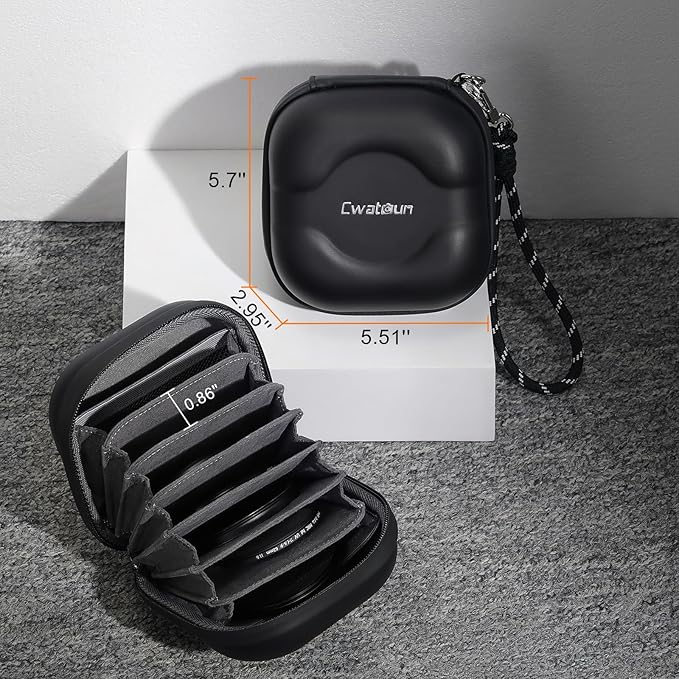 Cwatcun Hard Shell Lens Filter Case, Camera Filter Case for 7 Filters Up to 100mm with Hand Strap, Dustproof & Waterproof Camera Lens Filter Storage Case for ND UV CPL Filter Pouch