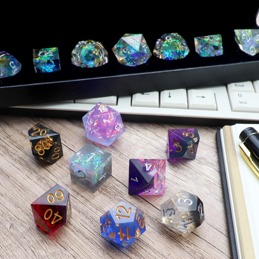 Haxtec Mystery DND Dice Set Sharp Edge Resin Dice with Dice Case Handmade Polyhedral D&D Dice Set for TTRPG Dungeons and Dragons DND Gifts