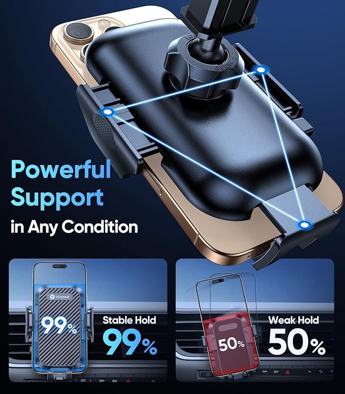 VICSEED Strong Suction Car Phone Holder [Ultra-Stable for Heavy Phones & Thick Cases] 3-in-1 Dashboard Windshield Vent Cellphone Mount, Military-Grade Truck Boat Cradle Universal for iPhone & Android