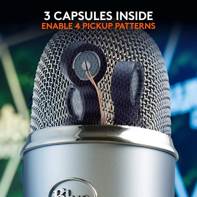 Blue Microphones Yeti Silver USB Mic for Recording, Streaming & Gaming on PC and Mac with Blue Voce Effects 4 Pickup Patterns, Headphone Output, Volume Control, Mic Gain Control, & Adjustable Stand