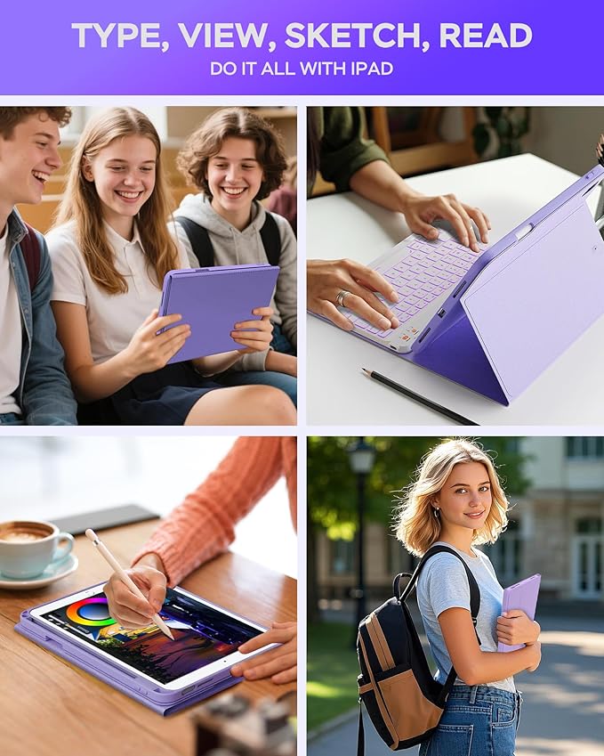 Keyboard Case for iPad 9th 8th 7th Generation 10.2" - 7 Colors Backlit Detachable Folio Keyboard Cover with Pencil Holder for iPad Pro 10.5" / iPad Air 3rd Gen (Purple)