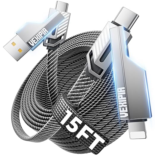 4-in-1 Long USB C Cable 60W 15FT Compatible With Lightning Cable [Fast Charging&Data Transfer] Flat Nylon Braided for iPhone iPad Charger Cord, Multi Charge Wire Combo with L/Type C/USB A Port