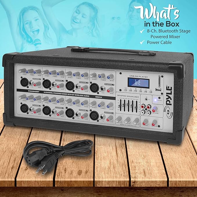 Pyle 800W Bluetooth Stage Powered Mixer - 8-Channel Pro Audio Sound System with MP3/USB/SD Readers - RCA/1/4” Effects Loop - Aux Input - Digital LCD Display - Built-in Cooling Fan - PMX840BT