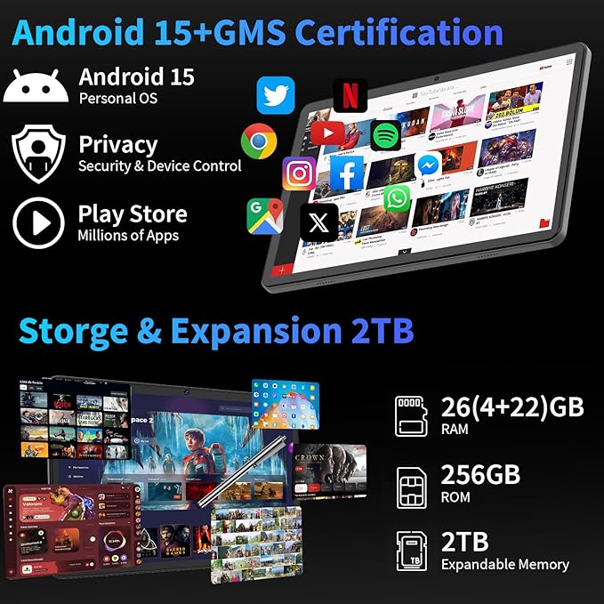Android 15 Tablet with Keyboard, 26GB+256GB(2TB Expand), 10.1 Inch Tablet 8000 mAh Battery, BT 5.0, 5G WiFi, Widevine L1, Dual Camera, 2 in 1 Tab with Mouse, Case, Stylus(Green)