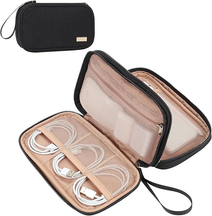 NISHEL Travel Cord Organizer Case, Double Layers Tech Electronic Bag, Essentials for Charger, Cable, Phone, Flash drive, Black