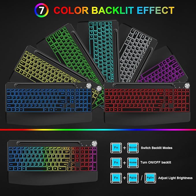 BlueFinger Wireless Keyboard and Mouse Combo Backlit, 2.4G Rechargeable Ergonomic Gaming Keyboard with Wrist Rest, Phone Holder, Volume Knob, Silent Light Up Keyboard with Mouse for Computer Laptop