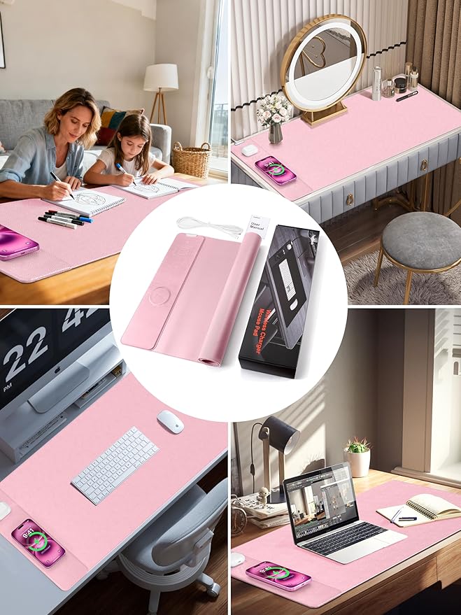 TopMade Mouse Pad with 15W Wireless Charging, XXL Large Leather Desk Mat, Waterproof Gaming Mousepad Home Office Desk Pad Protector, Computer Keyboard Pad, Mouse Mat for for MacBook, PC, Laptop, Pink