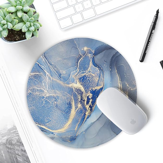 ITNRSIIET Round Mouse Pad with Stitched Edge Premium-Textured Waterproof Non-Slip Rubber Base Desktop Protection Mat Diameter 8.7 inches, Blue Marble Texture