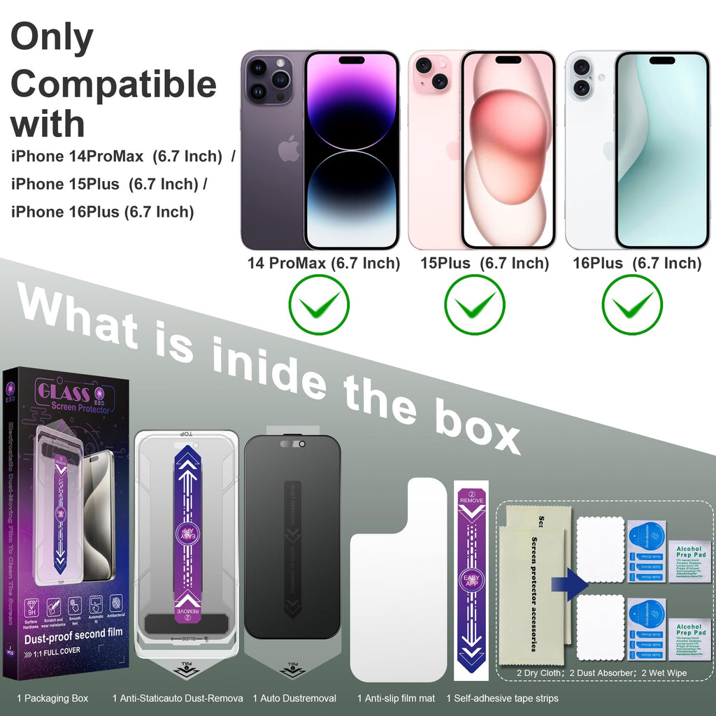 SHANG PIN JIA 2 Pack Matte Privacy Screen Protector for iPhone 16 Plus and iPhone 15 Plus and iPhone 14 Pro Max 6.7-Inch Auto Dust Removal, No Bubbles,Anti-Spy Tempered Glass Film, Easy Installation