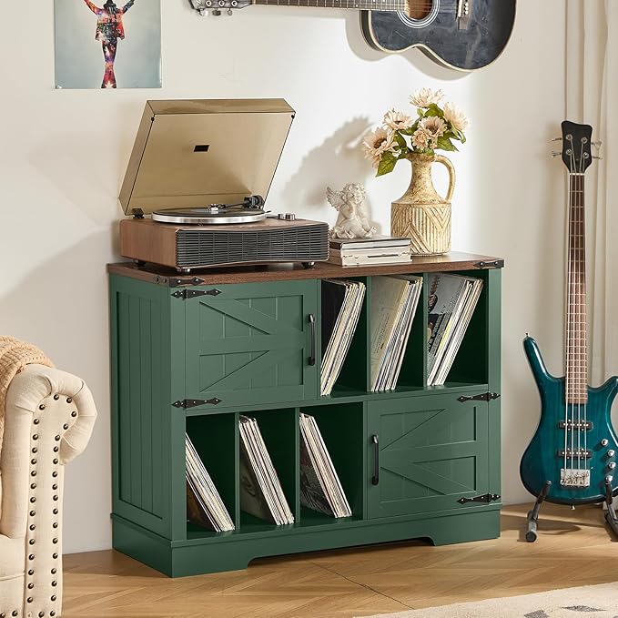 Large Record Player Stand with Vinyl Storage Up to 450 Albums, 39 Inch Farmhouse Wood Green Vinyl Records Storage Cabinet with Barn Doors, Mid-Century Accent Turntable Stand for Living Room