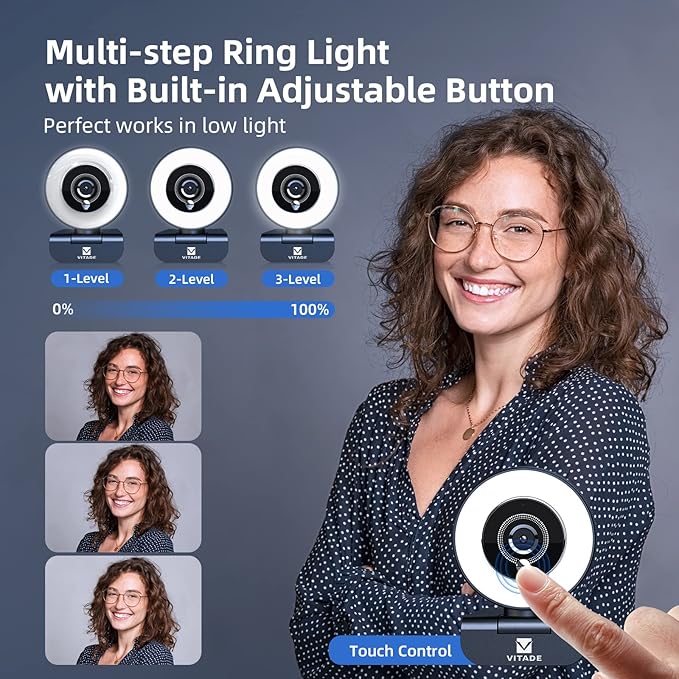 Streaming Webcam with Adjustable Ring Light, Full HD 1080P Webcam with Dual Microphones and Advanced Auto-Focus,Pro Web Camera for Online Learning, Zoom Meeting Skype Teams, Gaming Laptop