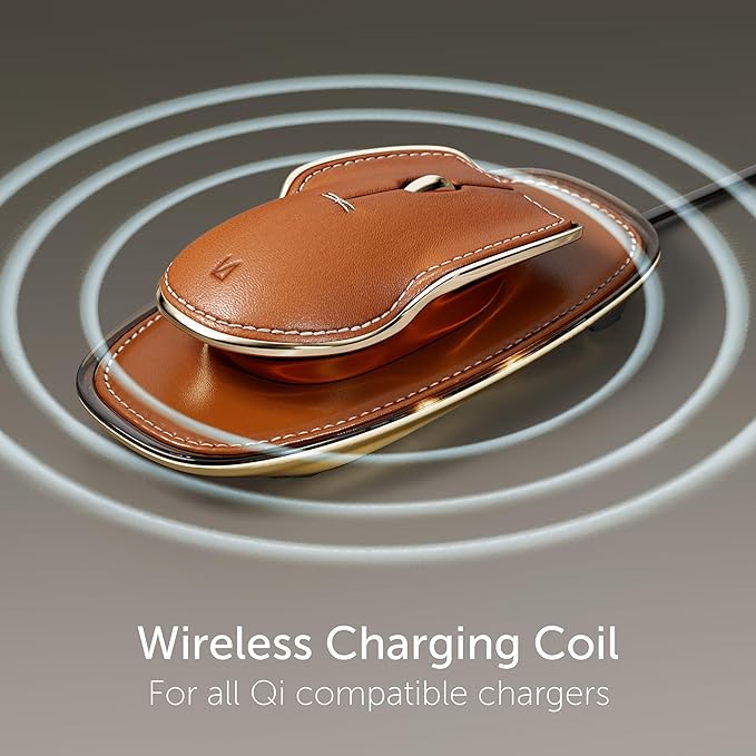 LUNAR ARTEFACTS Ambidextrous Rechargeable Bluetooth Wireless Computer Mouse Brown French Leather and Gold Tone Plated Aluminum, Qi Enabled USB-C