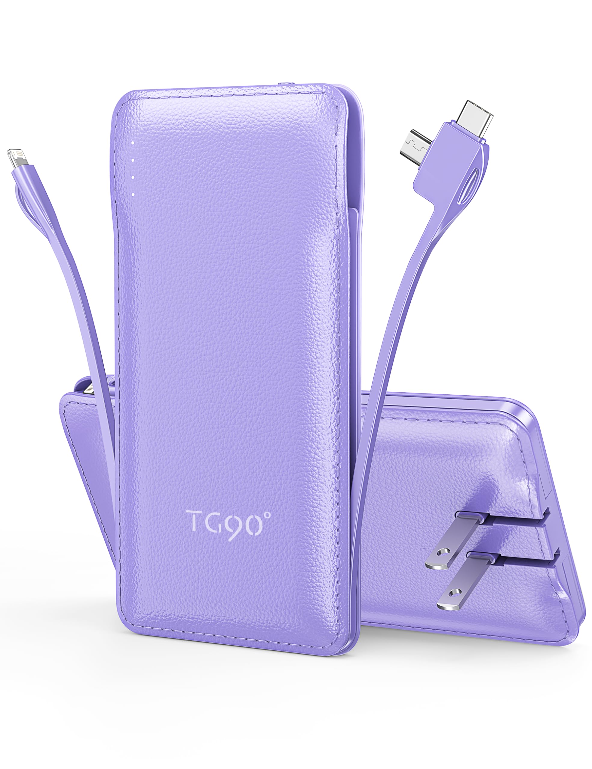TG90° 10000mAh Power Bank with Built-in AC Wall Plug and Cables, Ultra Slim Phone External Battery Pack Portable Charger Compatible with iPhone and Android Devices
