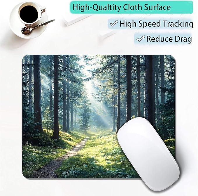 Aesthetic Natural Forest Custom Mouse Pad with Non-Slip Rubber, Small Square Design for Wireless Laptop & Computer Mouse Pads for Desk, 9.5 x 7.9 inch Smooth Surface for Gaming & Office
