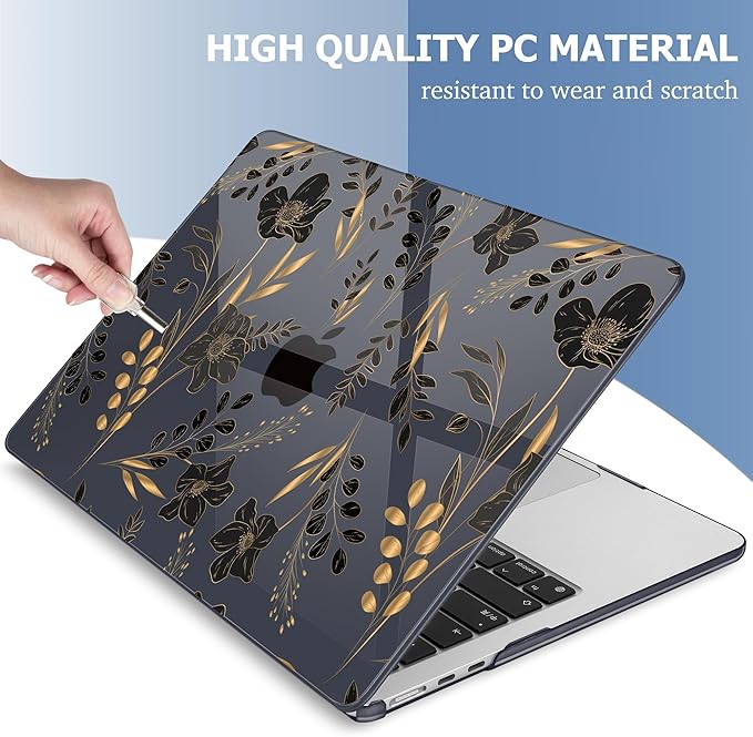 Mektron Compatible with M4 MacBook Air 15 inch Case 2025 A3241 2024 2023 M3 A3114 A2941 M2 Liquid Retina Display Touch ID, Plastic Hard Case & Keyboard Skin & Screen Protector - Gold Floral