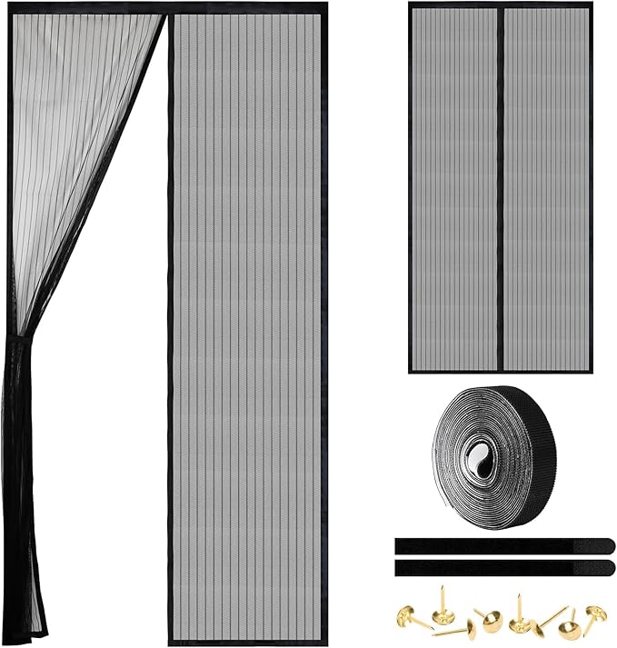 Magnetic Screen Door - Self Sealing, Heavy Duty, Hands Free Mesh Partition Keeps Bugs Out Let Breeze in- Pet and Kid Friendly - Keep Open Feature (Black, Fit Door Size 36 x 96 Inch)