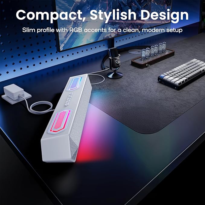 Deeyaple Computer Speakers, 40W Wireless Soundbar for Desktop PC with Bluetooth 5.3 & USB Audio, Dynamic RGB Lighting, Software Custom EQ, External Power Adapter Gaming Speakers, Laptop, Xbox (White)