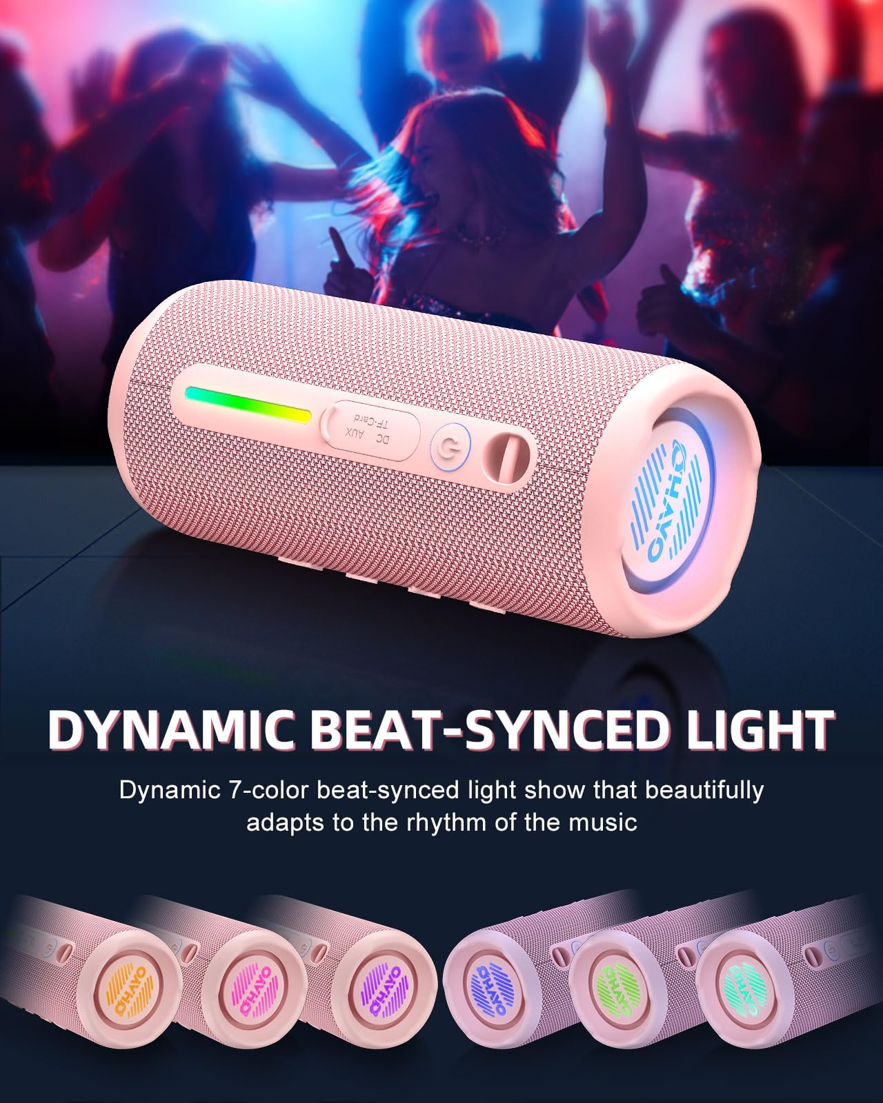 OHAYO Portable Bluetooth Speaker IPX7 Waterproof, 24W Wireless Stereo Speaker with Extra Bass, Bluetooth 5.3, 30-Hour Playtime & Colorful LED Lights for Pool, Camping, Beach, Party (Black)