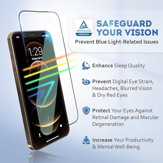 Deppa |2 Pack| Anti-Blue Light Screen Protector for iPhone 12/12 Pro (6.1')| Scratch Resistant Tempered Glass | 3D Edge to Edge Coverage | Easy Installation Kit | Eye Safeguard TÜV Certified