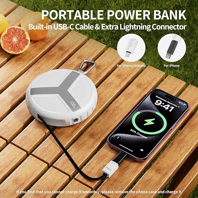 Vivilumens Rugged Power Bank Outdoor Charger 10000mAh USB-C Fast Charging Cable Retractable 25.5 inch Carabiner Wearable Smart Display & Flashlight Battery Pack for Hiking, Camping, Backpacking(White)