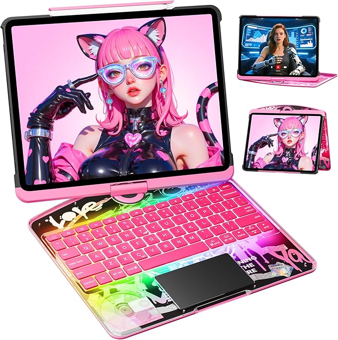 KITONE Transparent Case with Wireless Keyboard only for 2024 iPad Pro 13-in.(M4), 7 Colors Backlight, Trackpad, 360°Rotating Stand for iPad Pro 13, Tech Style
