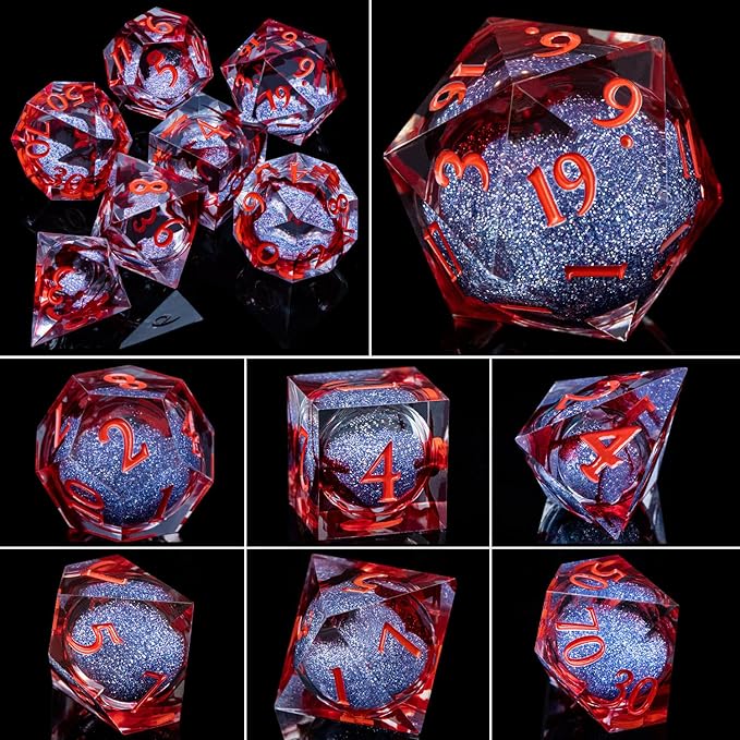 ARUOHHA Liquid Core DND Dice Set, Vampire Sharp Edged Dragons Dice Compatible with D&D RPG Role Playing Games, Resin Blood Red Polyhedral Dungeons D and D Dice with Gift Box D20 D12 D10 D8 D6 D4