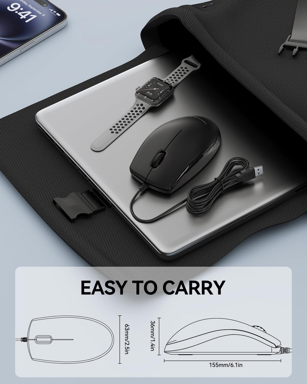 TECKNET USB-A Wired Mouse for Laptop Computer with 2-Button,Home and Office 5FT Corded Mouse, 1600DPI Ergo-Optic Shape PC Mouse Wired for Chromebook,PC,Desktop,Notebook-Black