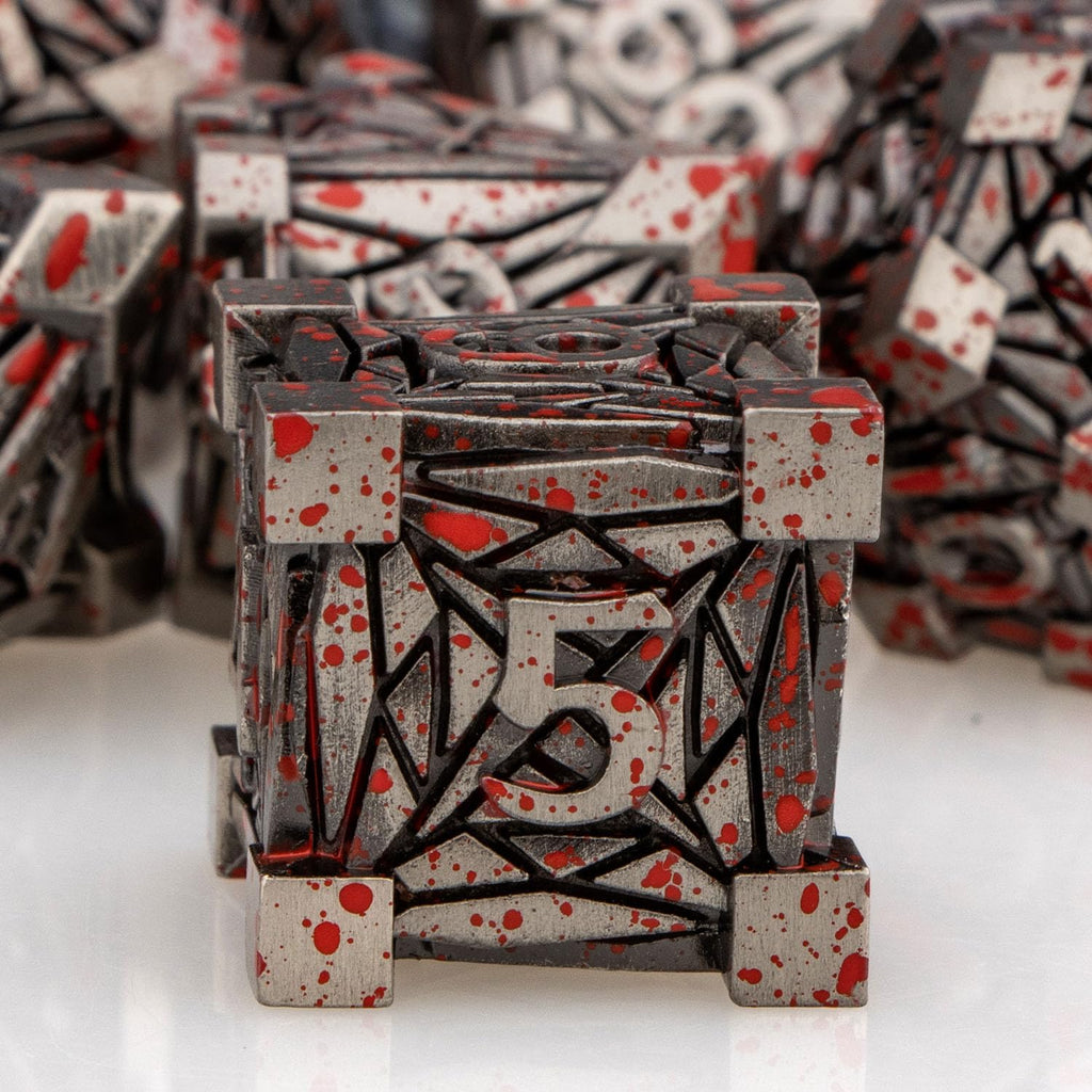 ORIFANTOU 7PCS Metal DND Dice Set with Box, Debris RPG Blood Spatter D and D Dice for use with D&D Tabletop Games Role Playing Game Polyhedral Dice Set D20 D12 D10 D8 D6 D4