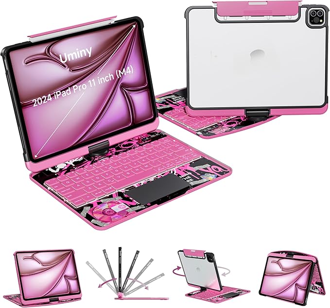 iPad Keyboard Case for 2024 M4 iPad Pro 11 inch, Magic Wireless Keyboard with Trackpad 7 Color Backlit, 360° Rotating Stand Transparent Protective Cover with Pencil Holder (Pink)