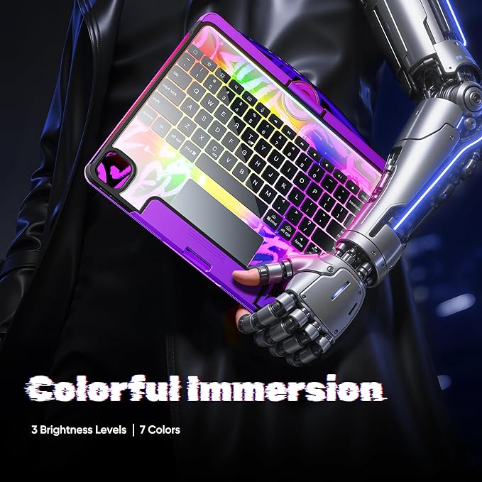 KITONE Transparent Case with Wireless Keyboard for iPad Air 13-in.(M3/M2, 2025/2024), 7 Colors Backlight, Trackpad, 360°Rotating Stand for iPad Pro 12.9-in (6/5/4/3 Gen), Tech Style