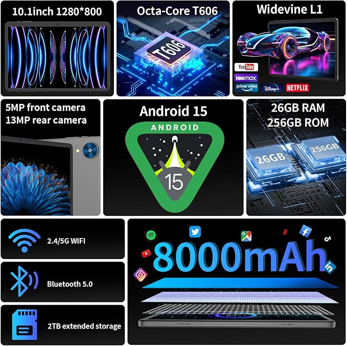 Android 15 Tablet with Keyboard, 26GB+256GB(2TB Expand), 10.1 Inch Tablet 8000 mAh Battery, BT 5.0, 5G WiFi, Widevine L1, Dual Camera, 2 in 1 Tab with Mouse, Case, Stylus（Silver）