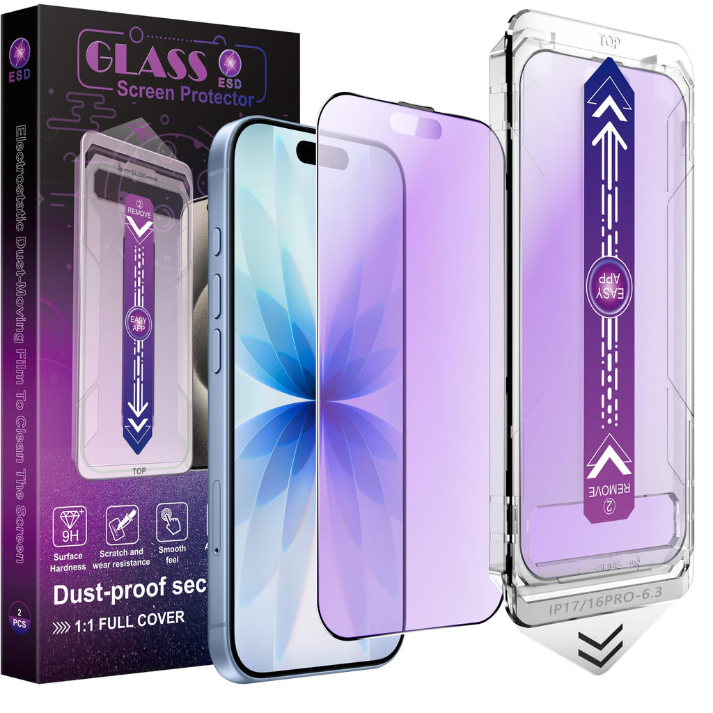 SHANG PIN JIA 2 Pack Anti Blue Light Matte Screen Protector for iPhone 17/16 Pro 6.3-Inch, 9H Tempered Glass Film, Auto Dust Removal, No Bubbles, Easy Installation