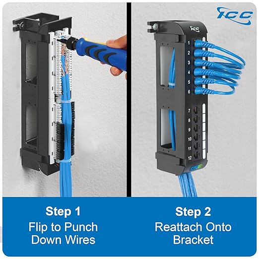 ICC CAT5e Patch Panel, UL Listed & PoE++ Rated Gigabit Applications, Wall Mount 12 Port Network Patch Panel with Rear 110 IDC Terminal Blocks and 89D Wall Mount Bracket, Black, 6-Pack