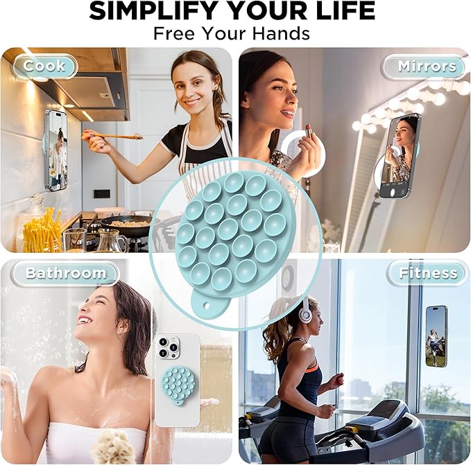 Magnetic Suction Cup Phone Mount for MagSafe Case, Silicone Hands-Free Grip Holder for iPhone and Android, Mirror Shower Phone Stand for Makeup FaceTime Gym Kitchen Bathroom, Light Cyan