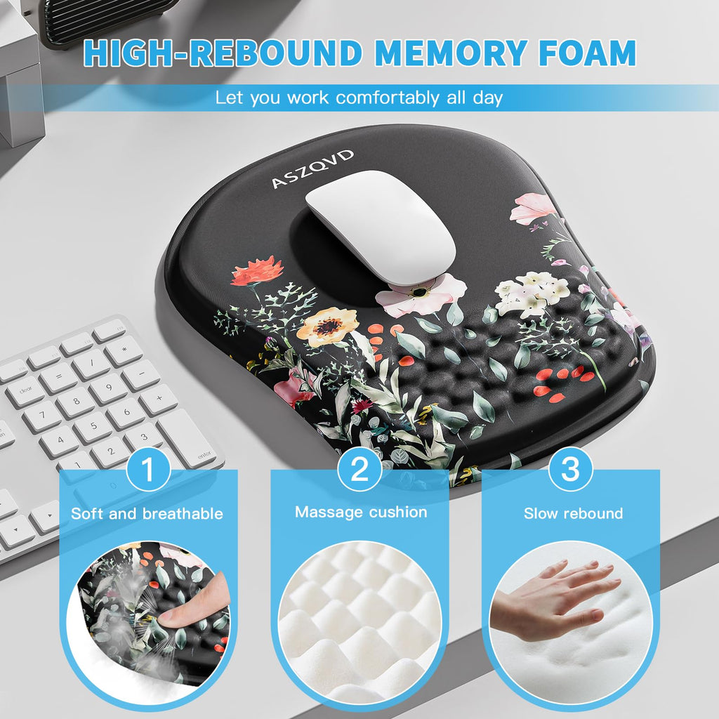 Aszqvd Mouse Pad with Wrist Rest, Ergonomic Mousepads with Wrist Support, Soft Lycra Fabric Memory Foam Office Desk Accessories for Comfort/Pain Relief/PC Gaming/Computer/Laptop (Black Flower)