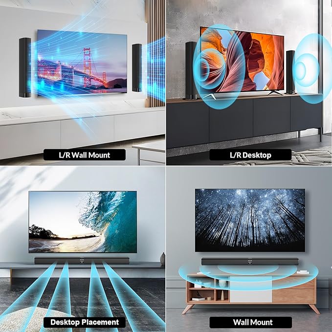 Sound Bar for Smart TV, Soundbar with Bluetooth/ARC/Opt/AUX Connect, Auto Volume Boost, 3 Equalizer Modes, 2 in 1 Detachable Soundbar for TV/PC/Gaming/Projectors