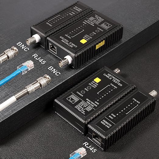 Dual-Function Coaxial & RJ45 Network Cable Tester with 2-Pack BNC Male to F Female Adapters, CAT5/CAT6/Coax Continuity Checker (Battery Not Included)